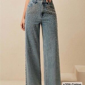 Denim and Diamonds
Studded Blue Wide-Leg Jeans
Size small